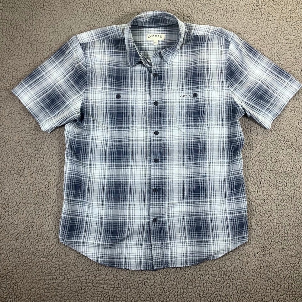 Orvis Classic Collection Mens Blue White Plaid Short Sleeve Button Up Shirt L